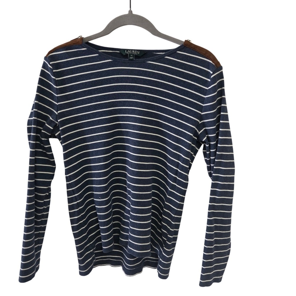 Lauren Ralph Lauren Striped‎ Long Sleeve Sweater Women XL Brown Shoulder Patches